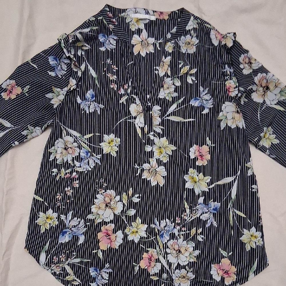 Floral Striped Blouse - Black and Multicolor